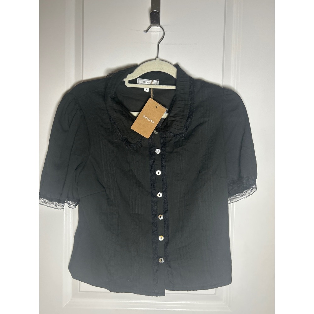 RIHOAS Black Lace Trim Button Down Blouse Short Sleeve Top - Size M